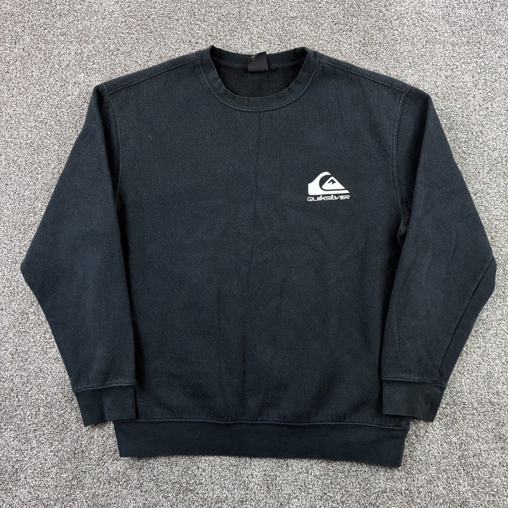 Quiksilver Sweatshirt Mens Large Black Crewneck Logo Pullover Sweater Surf